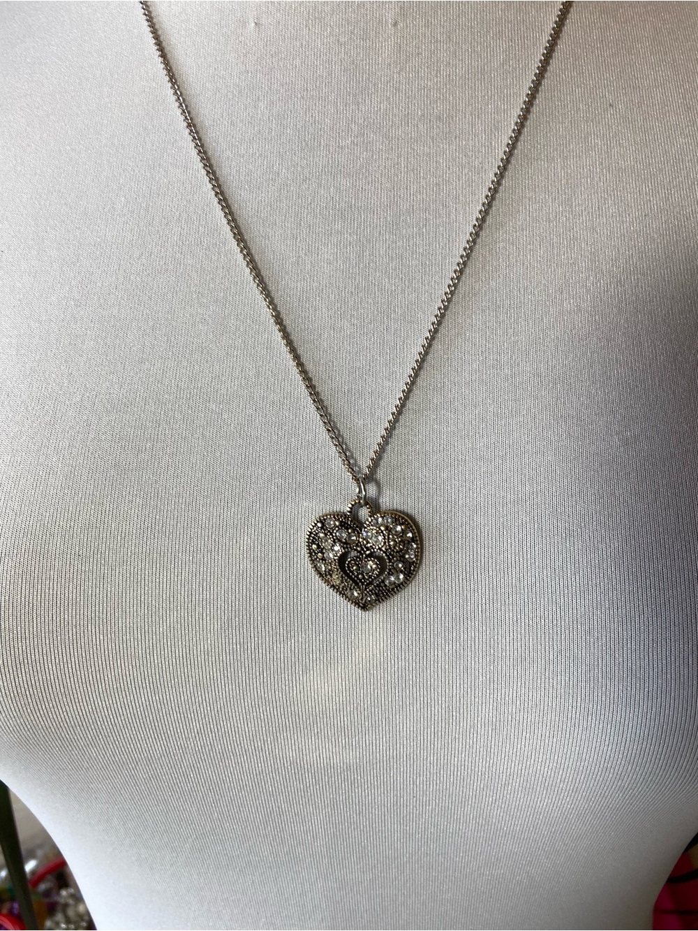 Silver Heart Filigree Pendant Necklace with Crystal Details